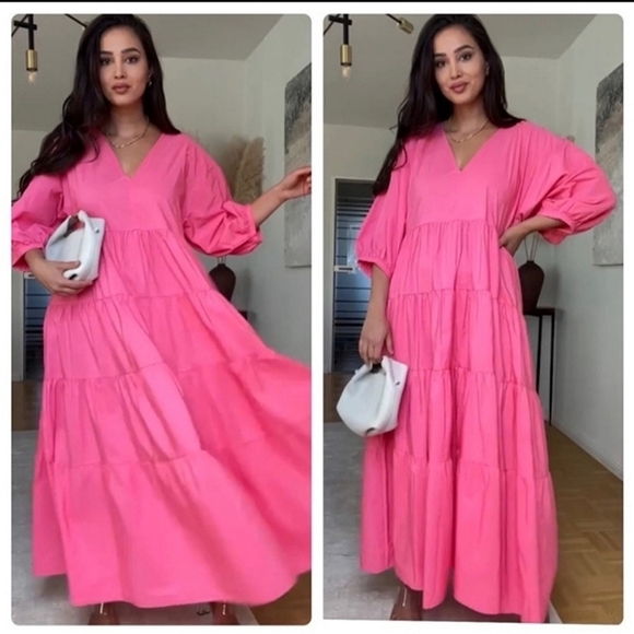 Zara Dresses & Skirts - ZARA * Tiered Poplin Pink Dress Voluminous  Flowy Maxi